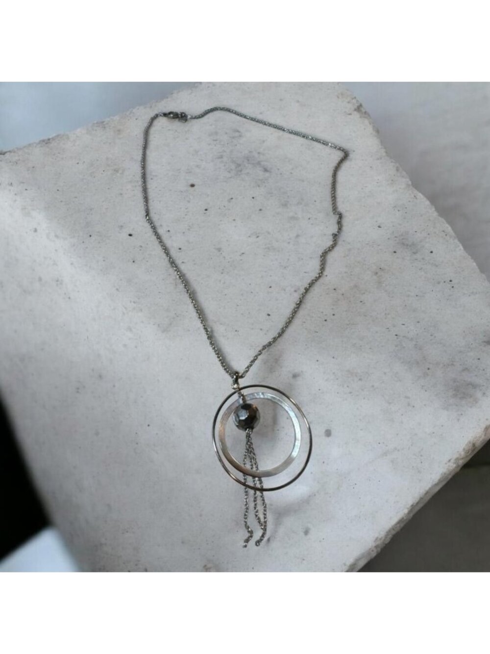 Cookie Lee Long Silver Tone Chain Necklace with Multi-Circle Pendant & Faceted B